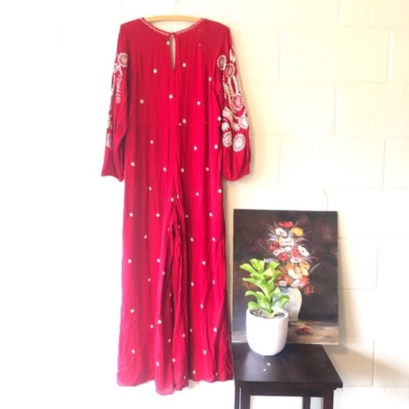 Free People Red White Floral Embroidered Wide Leg Long Sleeve Jumpsuit Size XS - Picture 6 of 9